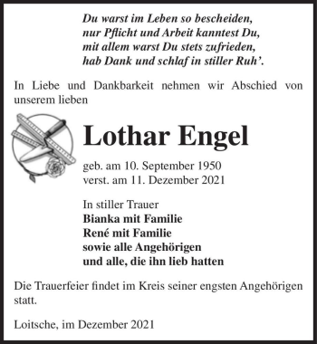 Traueranzeige von Lothar Engel  von Magdeburger Volksstimme