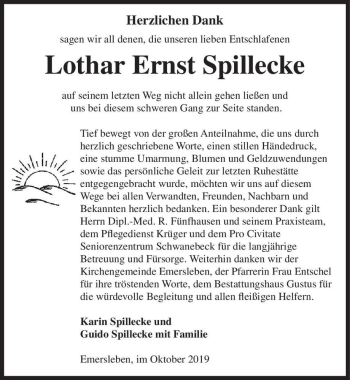 Traueranzeige von Lothar Ernst Spillecke  von Magdeburger Volksstimme