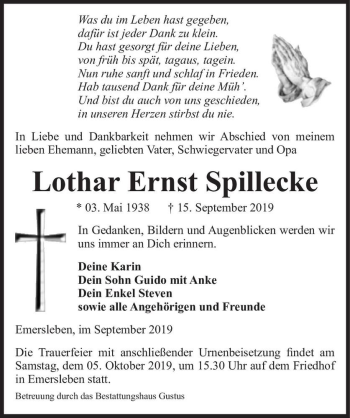 Traueranzeige von Lothar Ernst Spillecke  von Magdeburger Volksstimme