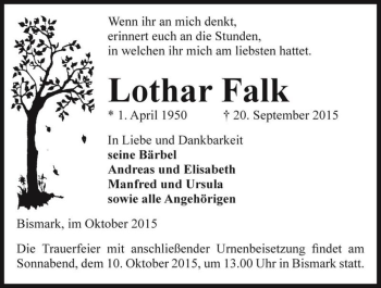 Traueranzeige von Lothar Falk  von Magdeburger Volksstimme