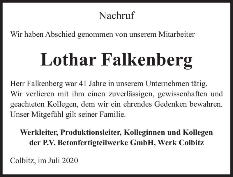  Traueranzeige für Lothar Falkenberg  vom 11.07.2020 aus Magdeburger Volksstimme