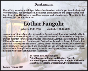 Traueranzeige von Lothar Fangohr  von Magdeburger Volksstimme