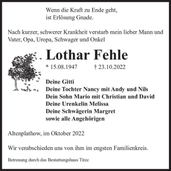 Traueranzeige von Lothar Fehle  von Magdeburger Volksstimme