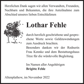 Traueranzeige von Lothar Fehle  von Magdeburger Volksstimme
