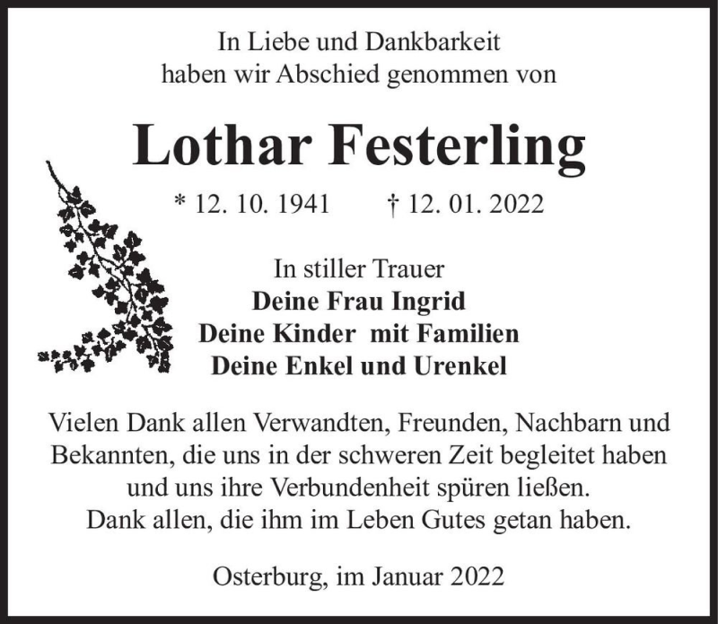  Traueranzeige für Lothar Festerling  vom 26.01.2022 aus Magdeburger Volksstimme
