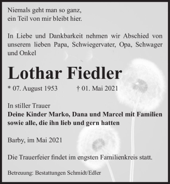 Traueranzeige von Lothar Fiedler  von Magdeburger Volksstimme