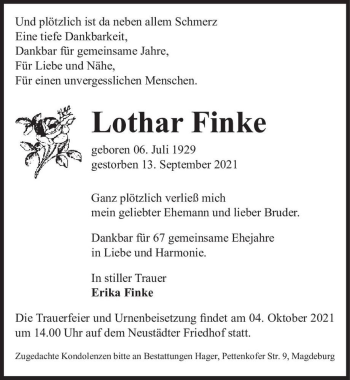 Traueranzeige von Lothar Finke  von Magdeburger Volksstimme