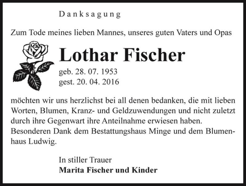  Traueranzeige für Lothar Fischer  vom 14.05.2016 aus Magdeburger Volksstimme