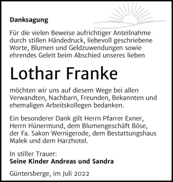 Traueranzeige von Lothar Franke  von Magdeburger Volksstimme