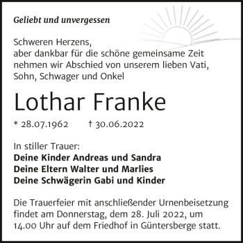 Traueranzeige von Lothar Franke  von Magdeburger Volksstimme