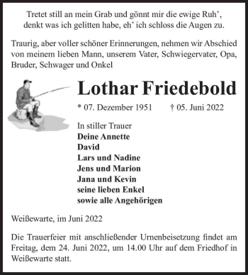 Traueranzeige von Lothar Friedebold  von Magdeburger Volksstimme