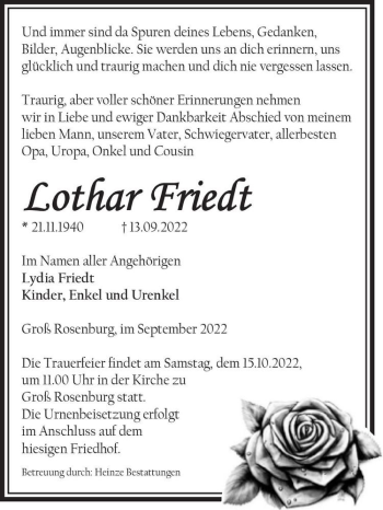 Traueranzeige von Lothar Friedt  von Magdeburger Volksstimme