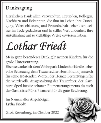 Traueranzeige von Lothar Friedt  von Magdeburger Volksstimme