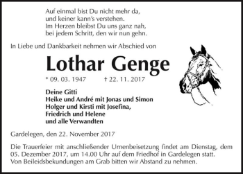 Traueranzeige von Lothar Genge  von Magdeburger Volksstimme
