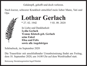 Traueranzeige von Lothar Gerlach  von Magdeburger Volksstimme
