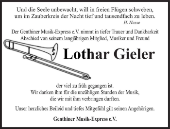 Traueranzeige von Lothar Gieler  von Magdeburger Volksstimme