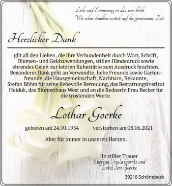 Traueranzeige von Lothar Goerke  von Magdeburger Volksstimme