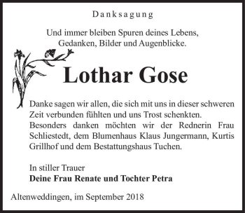 Traueranzeige von Lothar Gose  von Magdeburger Volksstimme