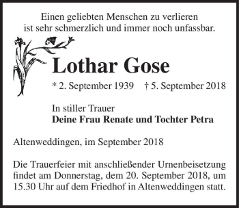 Traueranzeige von Lothar Gose  von Magdeburger Volksstimme