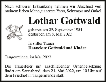 Traueranzeige von Lothar Gottwald  von Magdeburger Volksstimme