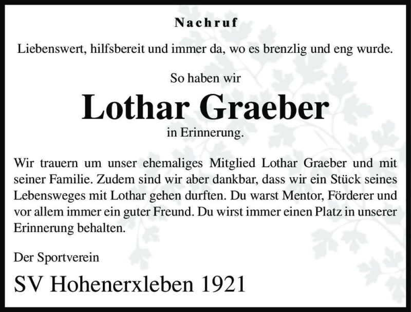  Traueranzeige für Lothar Graeber  vom 30.05.2020 aus Magdeburger Volksstimme