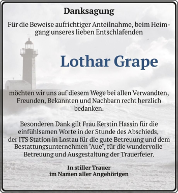 Traueranzeige von Lothar Grape  von Magdeburger Volksstimme