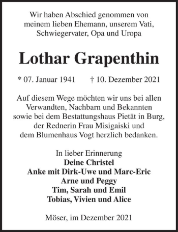 Traueranzeige von Lothar Grapenthin  von Magdeburger Volksstimme