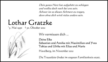 Traueranzeige von Lothar Gratzke  von Magdeburger Volksstimme