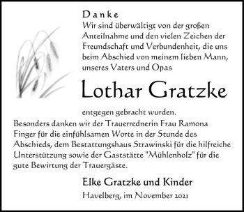 Traueranzeige von Lothar Gratzke  von Magdeburger Volksstimme
