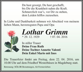 Traueranzeige von Lothar Grimm  von Magdeburger Volksstimme