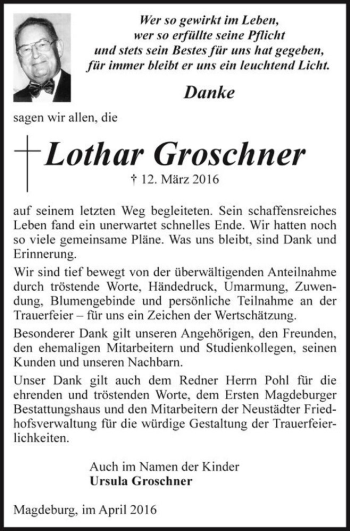 Traueranzeige von Lothar Groschner  von Magdeburger Volksstimme