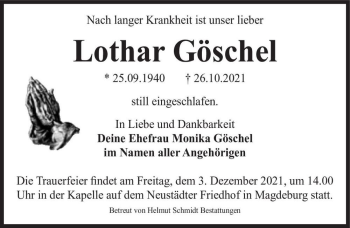 Traueranzeige von Lothar Göschel  von Magdeburger Volksstimme