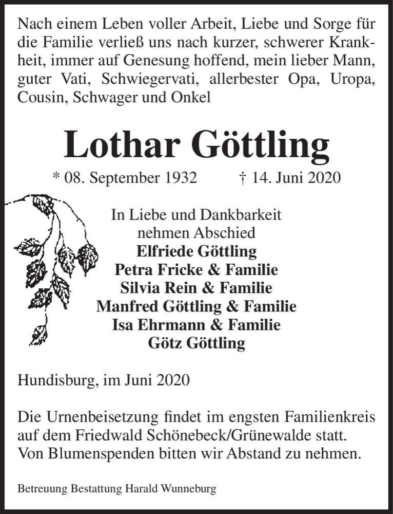  Traueranzeige für Lothar Göttling  vom 20.06.2020 aus Magdeburger Volksstimme