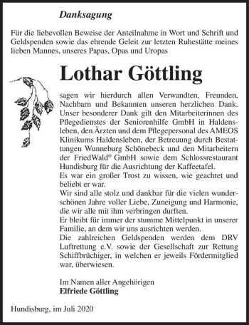 Traueranzeige von Lothar Göttling  von Magdeburger Volksstimme