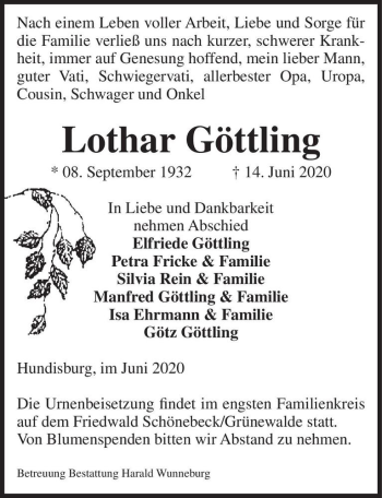 Traueranzeige von Lothar Göttling  von Magdeburger Volksstimme