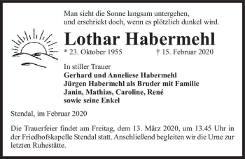 Traueranzeige von Lothar Habermehl  von Magdeburger Volksstimme