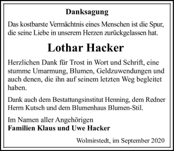 Traueranzeige von Lothar Hacker  von Magdeburger Volksstimme