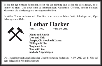 Traueranzeige von Lothar Hacker  von Magdeburger Volksstimme
