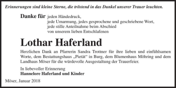 Traueranzeige von Lothar Haferland  von Magdeburger Volksstimme