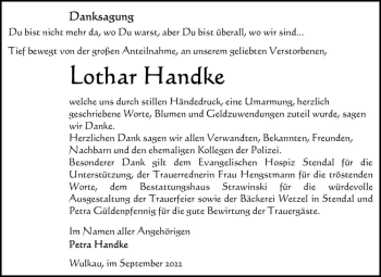 Traueranzeige von Lothar Handke  von Magdeburger Volksstimme