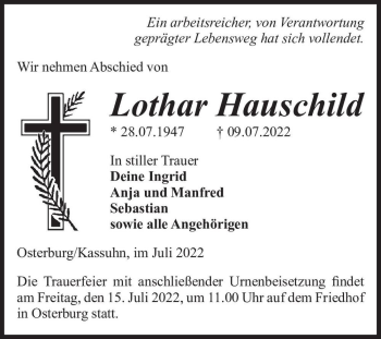 Traueranzeige von Lothar Hauschild  von Magdeburger Volksstimme