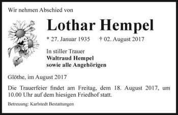 Traueranzeige von Lothar Hempel  von Magdeburger Volksstimme