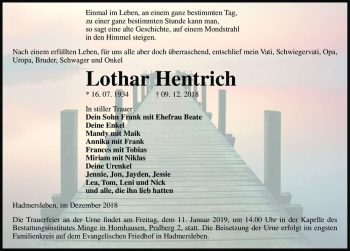 Traueranzeige von Lothar Hentrich  von Magdeburger Volksstimme