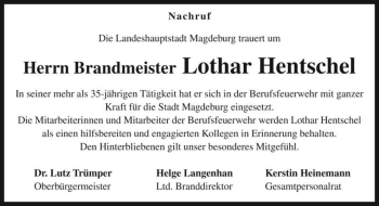 Traueranzeige von Lothar Hentschel  von Magdeburger Volksstimme
