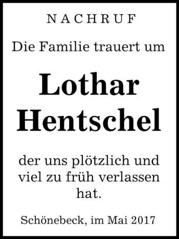 Traueranzeige von Lothar Hentschel  von Magdeburger Volksstimme