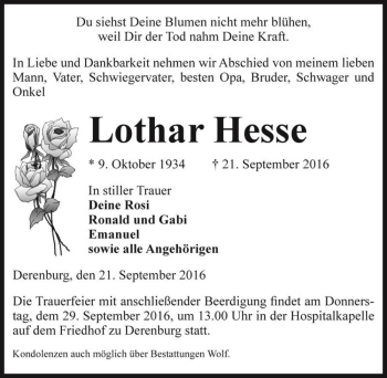 Traueranzeige von Lothar Hesse  von Magdeburger Volksstimme