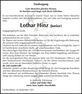 Traueranzeige von Lothar Hinz (Junior)  von Magdeburger Volksstimme