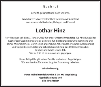 Traueranzeige von Lothar Hinz  von Magdeburger Volksstimme