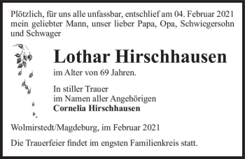 Traueranzeige von Lothar Hirschhausen  von Magdeburger Volksstimme