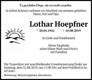 Traueranzeige von Lothar Hoepfner  von Magdeburger Volksstimme